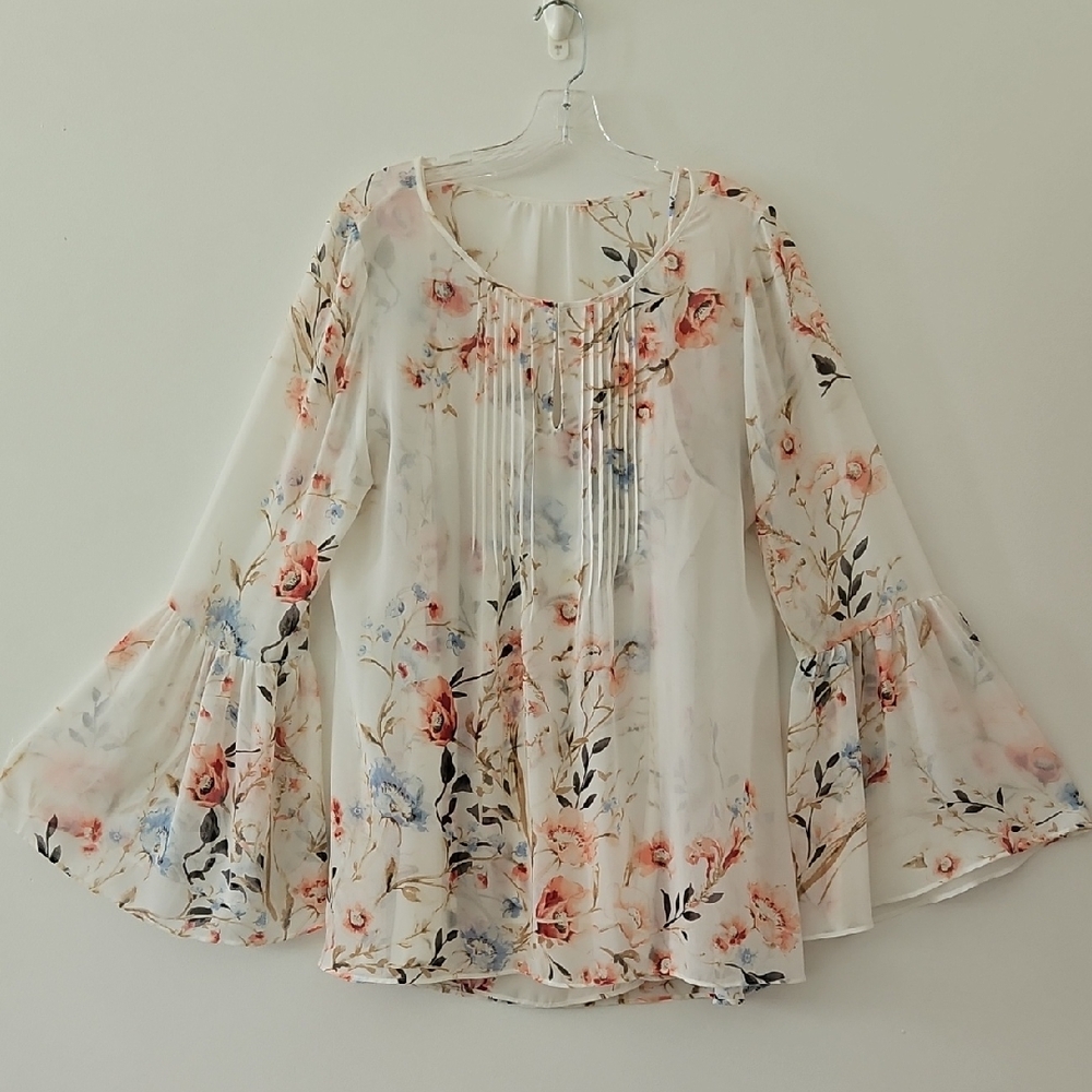 Semi-sheer Floral Chiffon Tunic Blouse With Camisole Flowy Size 14